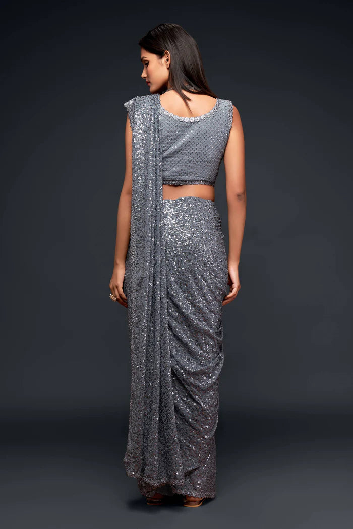 Silver Georgette Saree with All Over Shimmer Sequin Work and Matching Sequin Blouse