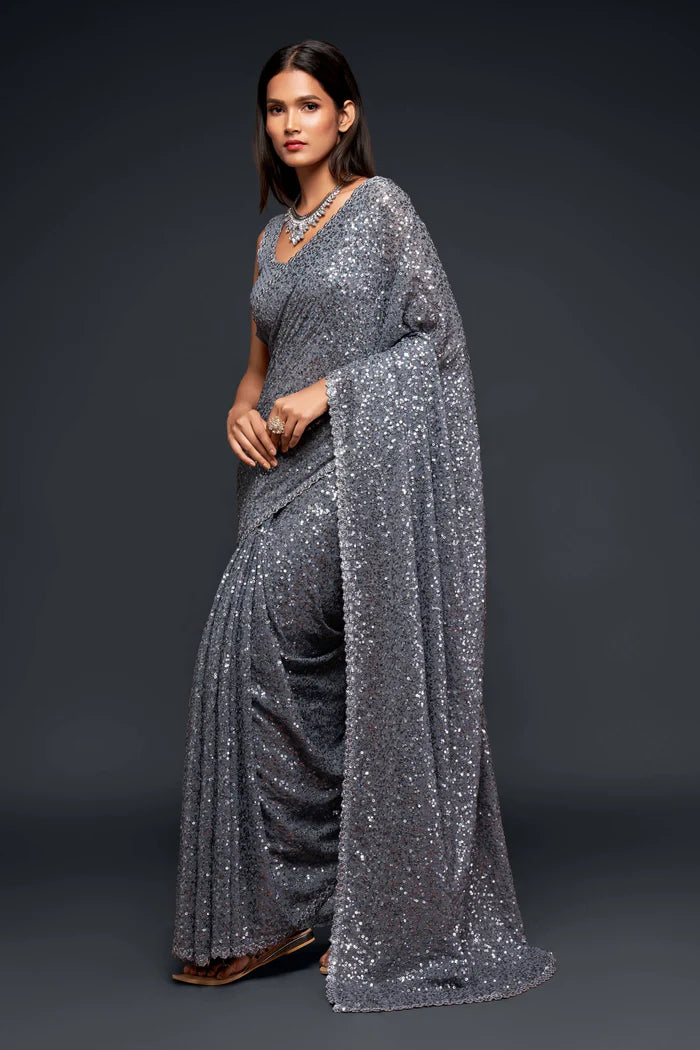 Silver Georgette Saree with All Over Shimmer Sequin Work and Matching Sequin Blouse