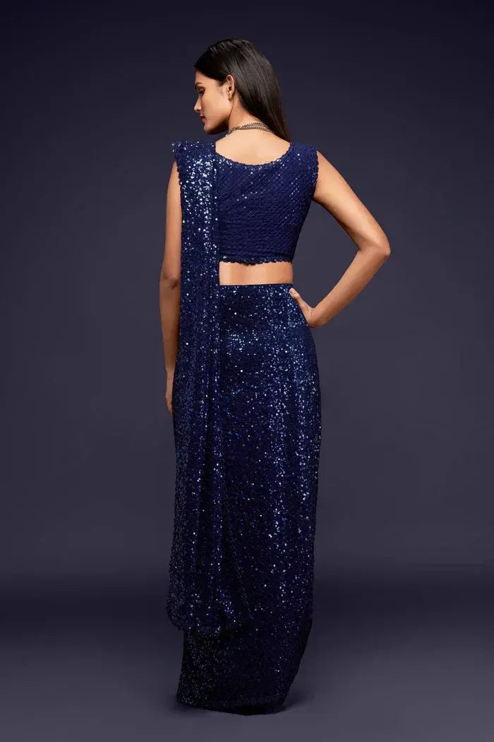 Navy Blue Georgette Saree with All Over Shimmer Sequin Work and Matching Sequin Blouse