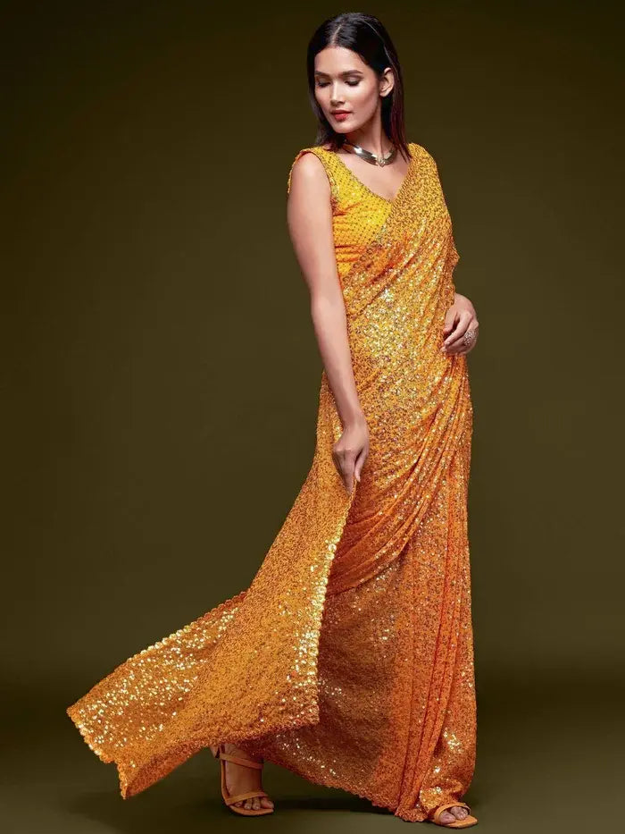 Yellow Georgette Saree with All Over Shimmer Sequin Work and Matching Sequin Blouse