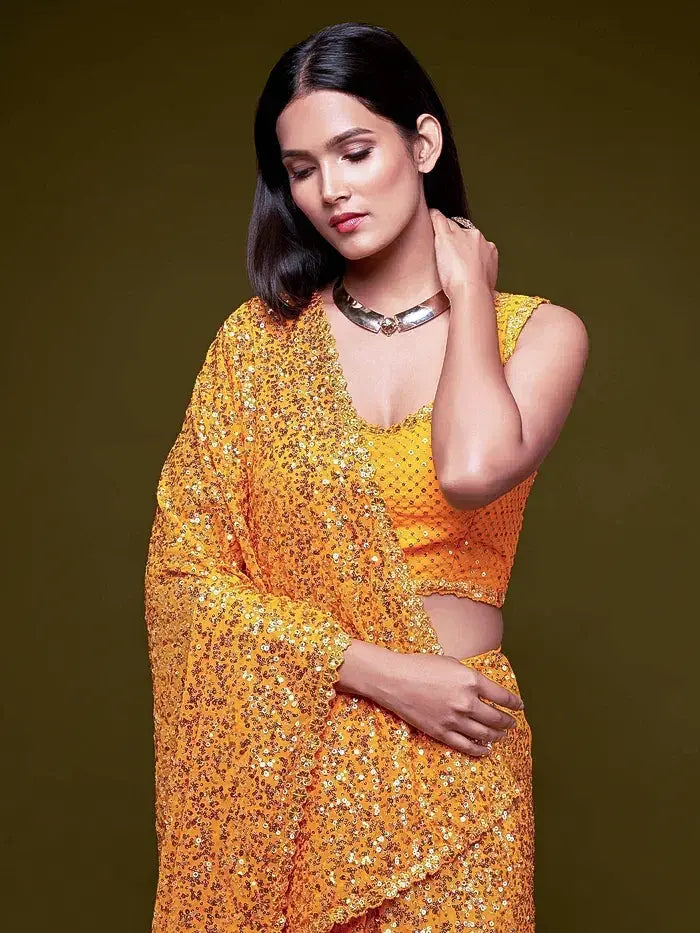 Yellow Georgette Saree with All Over Shimmer Sequin Work and Matching Sequin Blouse