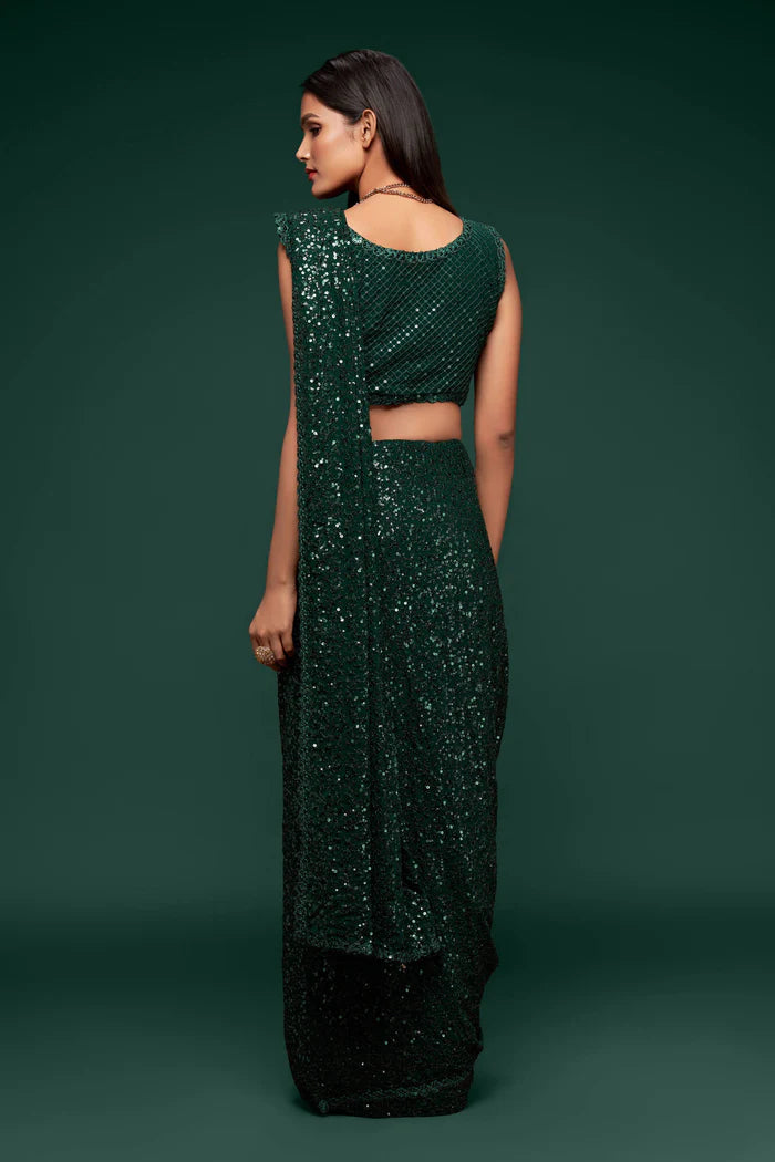 Dark Green Georgette Saree with All Over Shimmer Sequin Work and Matching Sequin Blouse