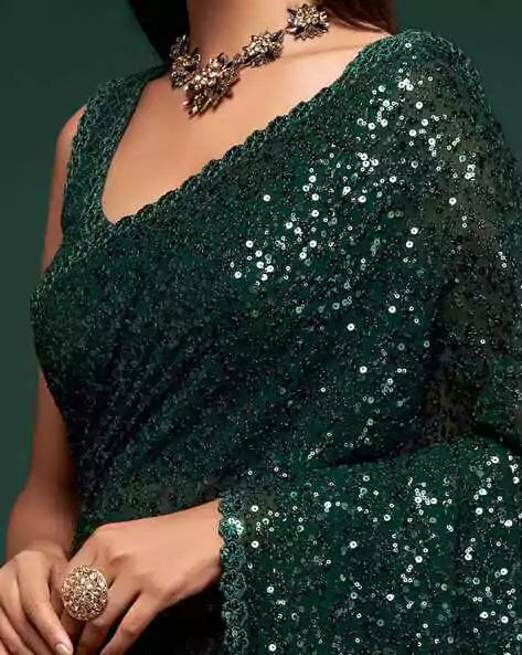 Dark Green Georgette Saree with All Over Shimmer Sequin Work and Matching Sequin Blouse