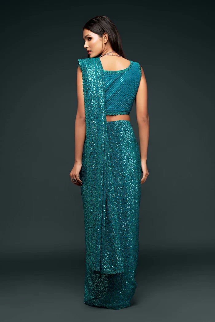 Blue Georgette Saree with All Over Shimmer Sequin Work and Matching Sequin Blouse