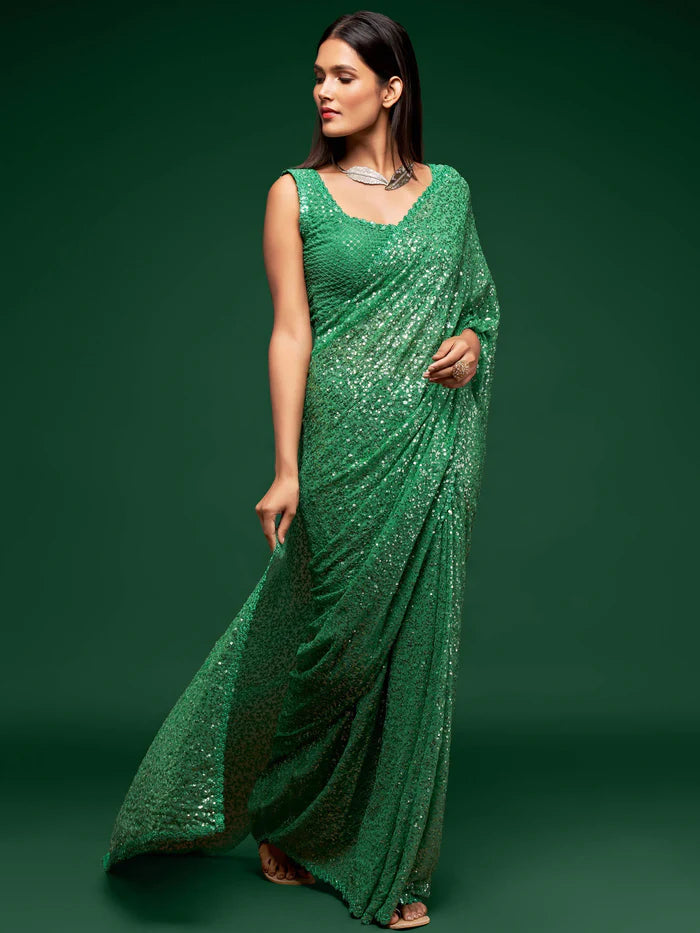 Green Georgette Saree with All Over Shimmer Sequin Work and Matching Sequin Blouse