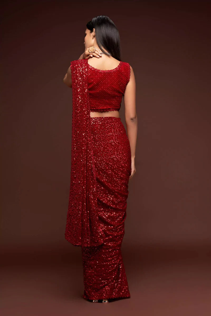 Red Georgette Saree with All Over Shimmer Sequin Work and Matching Sequin Blouse