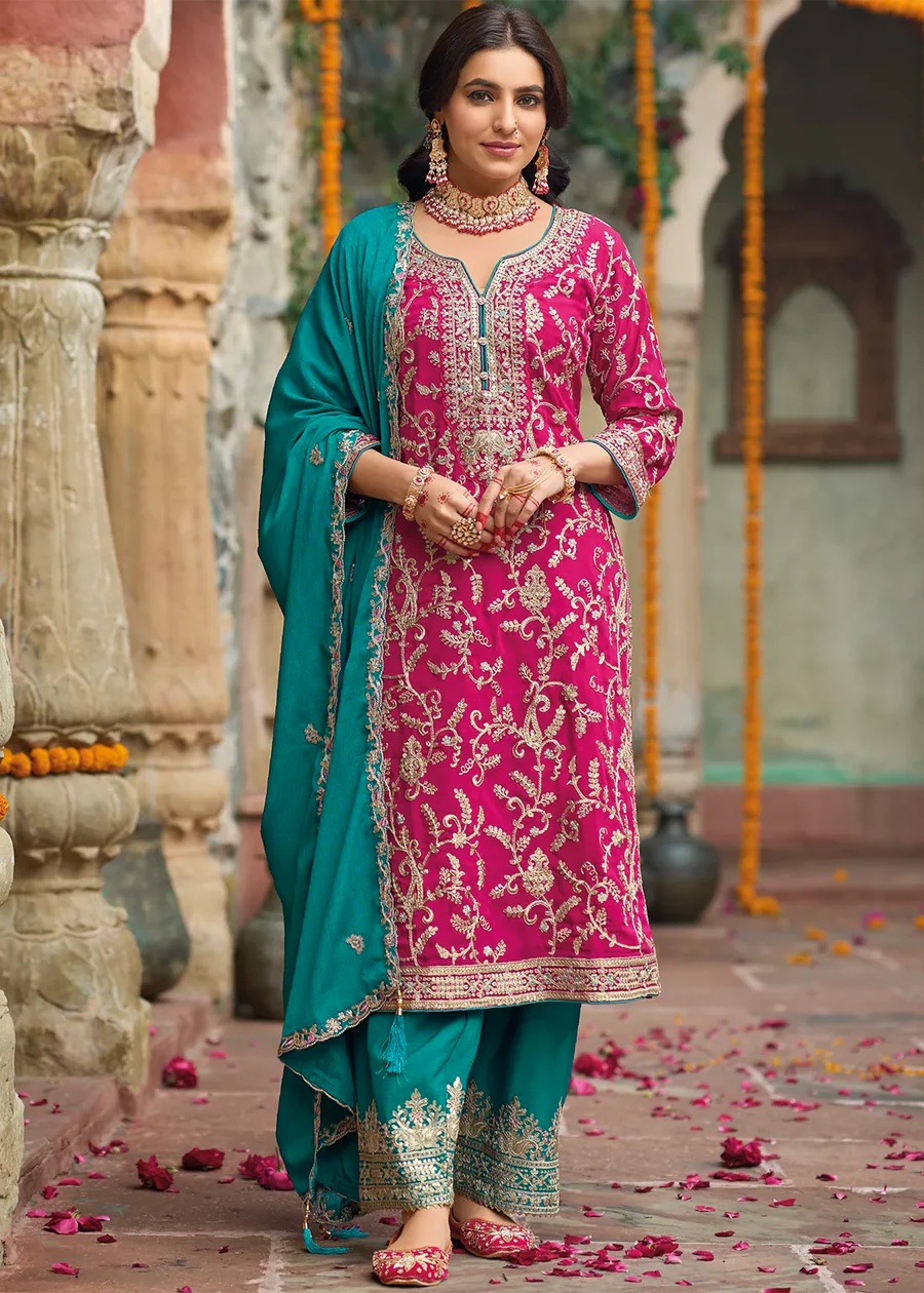 Pink Silk Salwar Kameez with Thread and Sequin Embroidery