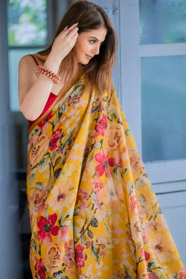 Yellow Pure Silk Floral Print Saree with Zari Border Work and Red Silk Blouse by Label Nonita