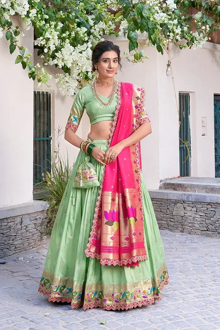 Green Paithani Silk Lehenga Choli with Pink Rich Zari Dupatta and Matching Blouse