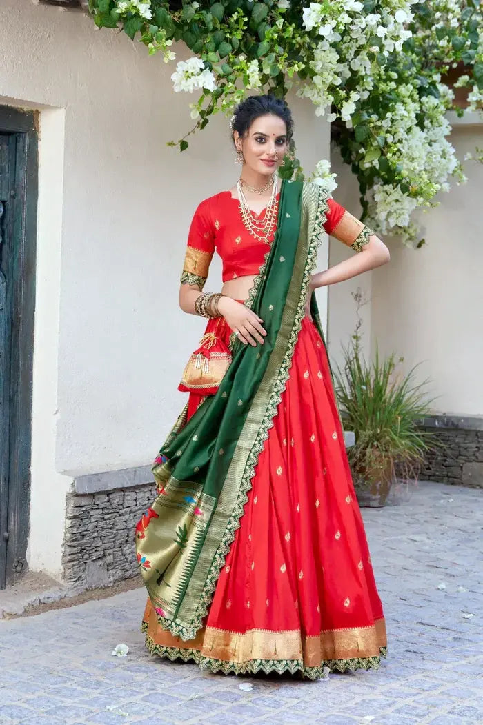 Red Paithani Silk Lehenga Choli with Green Rich Zari Dupatta and Matching Blouse