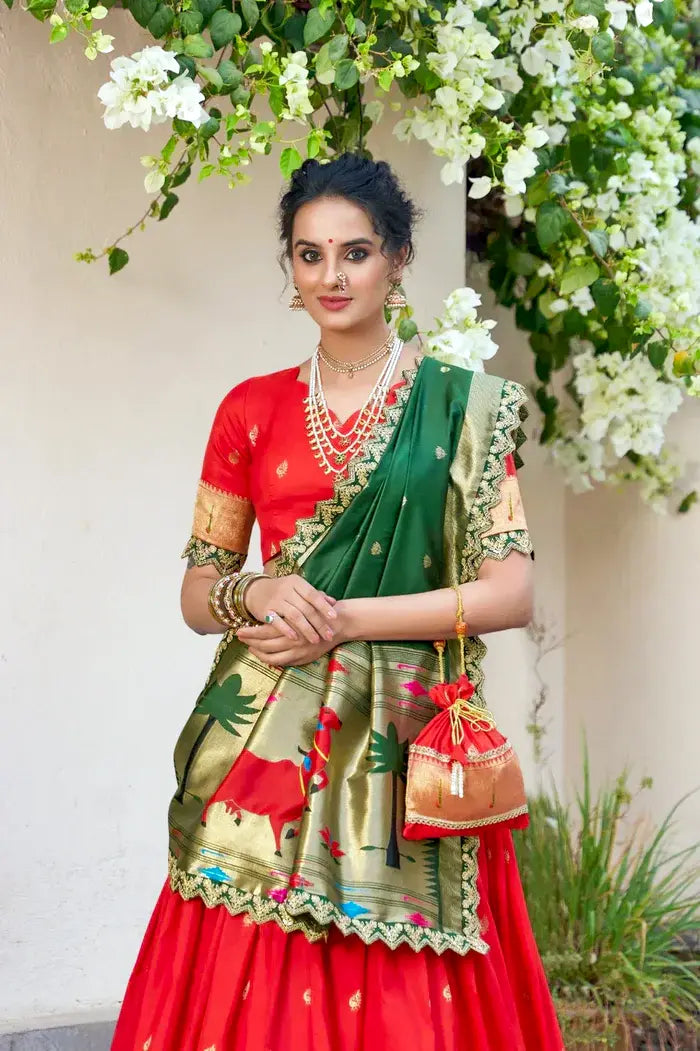 Red Paithani Silk Lehenga Choli with Green Rich Zari Dupatta and Matching Blouse