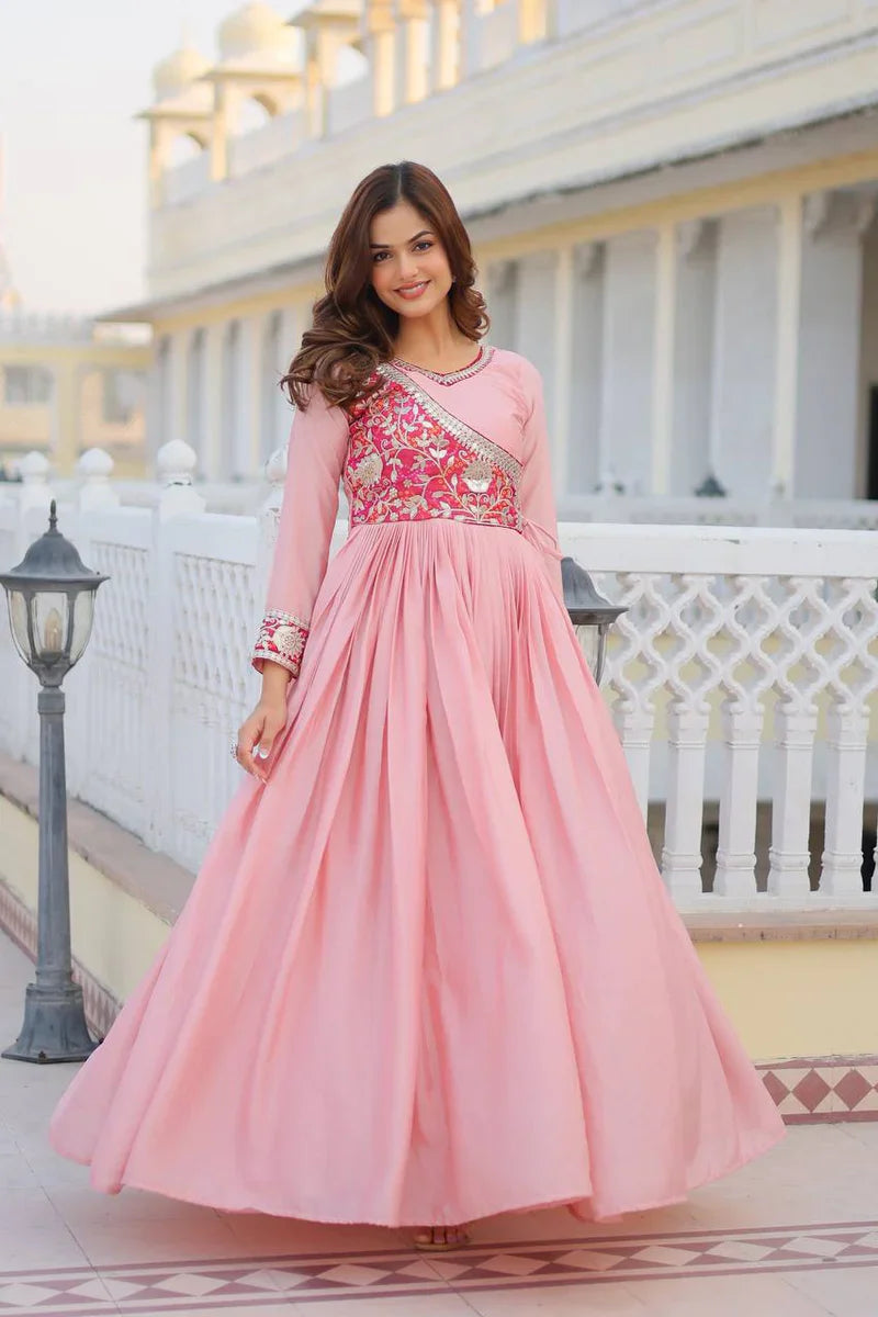 Pink Designer Anarkali with Yoke Detailing and Sparkling Mirror Accents