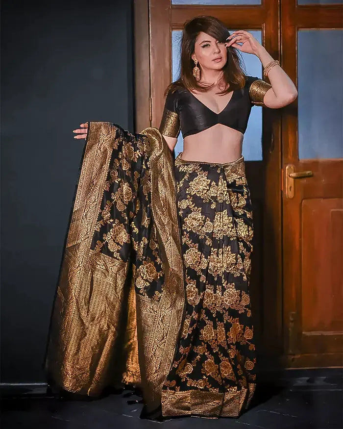 Black Silk Saree with All-over Golden Zari Floral Weaving with Matching Blouse
