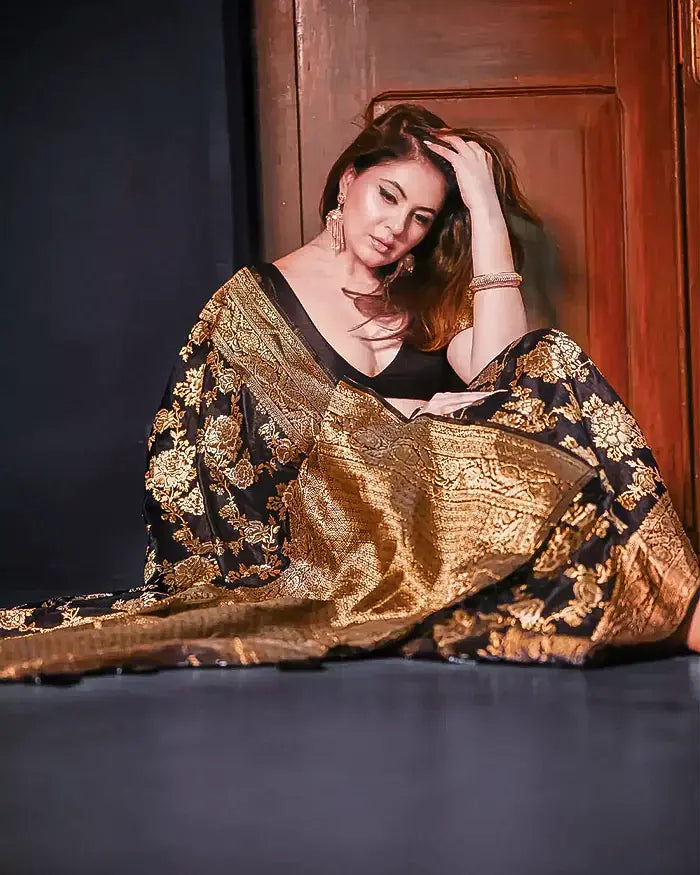 Black Silk Saree with All-over Golden Zari Floral Weaving with Matching Blouse