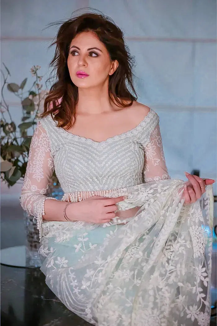 Mint Green and White Net Saree with Floral Stone Work Heavy Sequin Embroidery and a Matching Full Sleeves Blouse