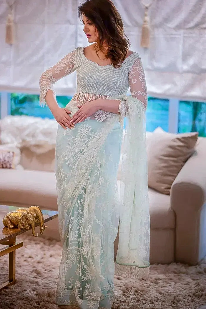 Mint Green and White Net Saree with Floral Stone Work Heavy Sequin Embroidery and a Matching Full Sleeves Blouse
