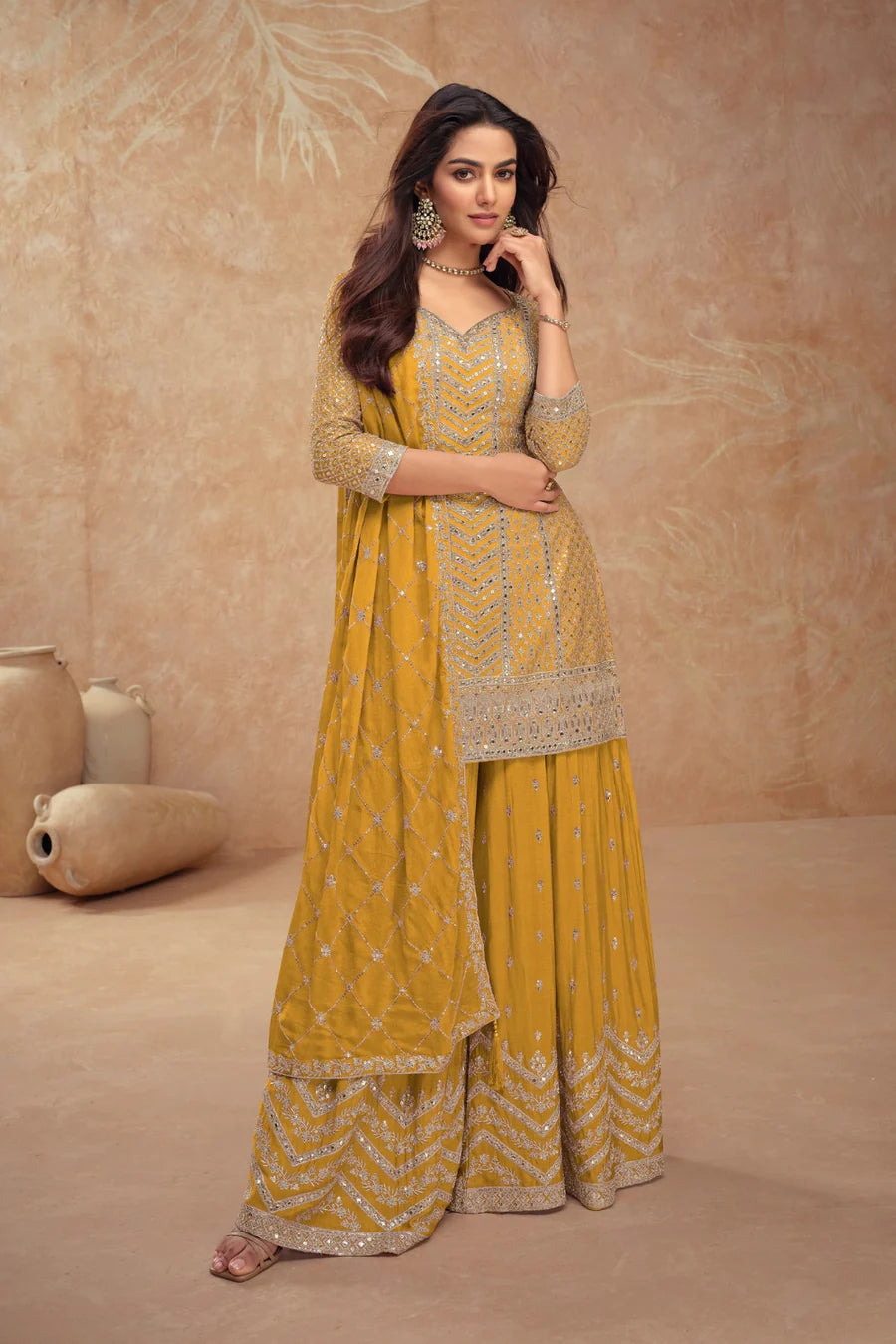 Yellow Georgette Salwar Kameez with Chevron Sequins and Motif Embroidery