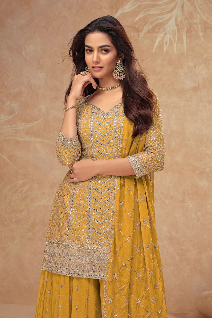 Yellow Georgette Salwar Kameez with Chevron Sequins and Motif Embroidery