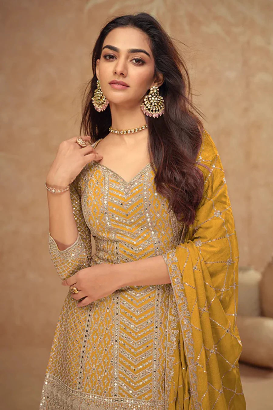 Yellow Georgette Salwar Kameez with Chevron Sequins and Motif Embroidery