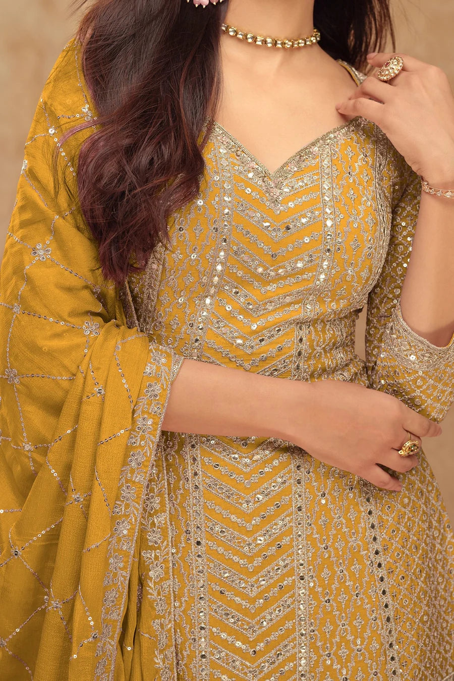 Yellow Georgette Salwar Kameez with Chevron Sequins and Motif Embroidery