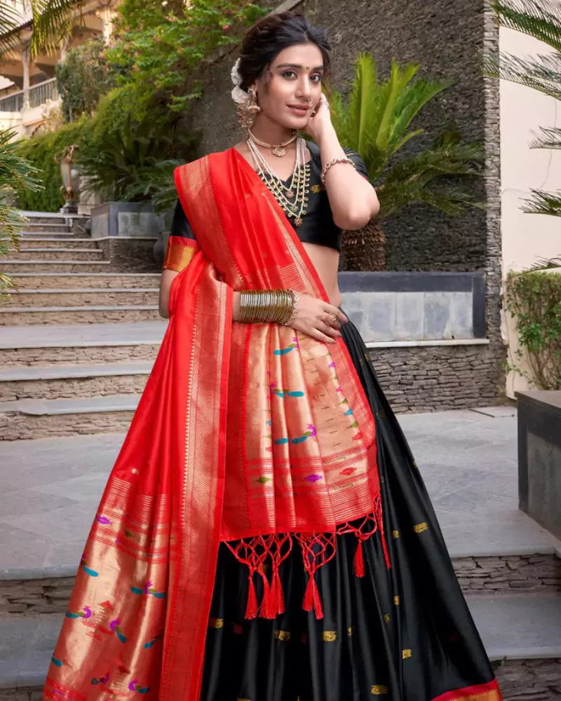 Black Silk Lehenga with Red Paithani Dupatta and Gold Border Detailing