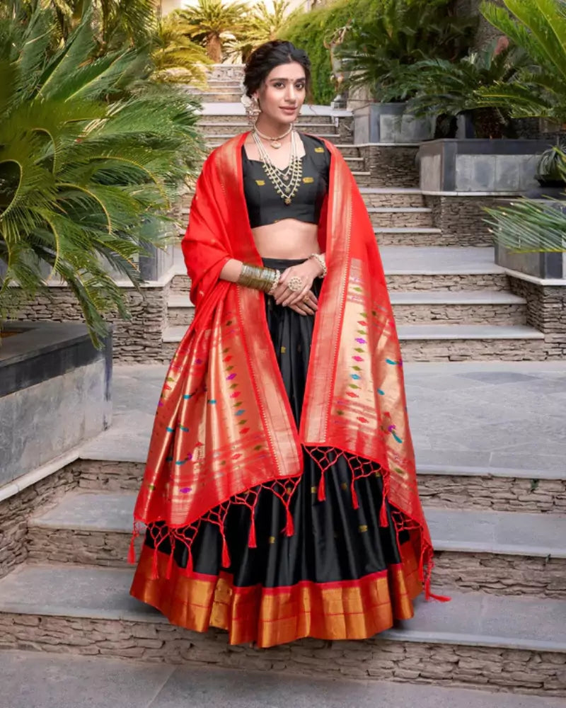Black Silk Lehenga with Red Paithani Dupatta and Gold Border Detailing