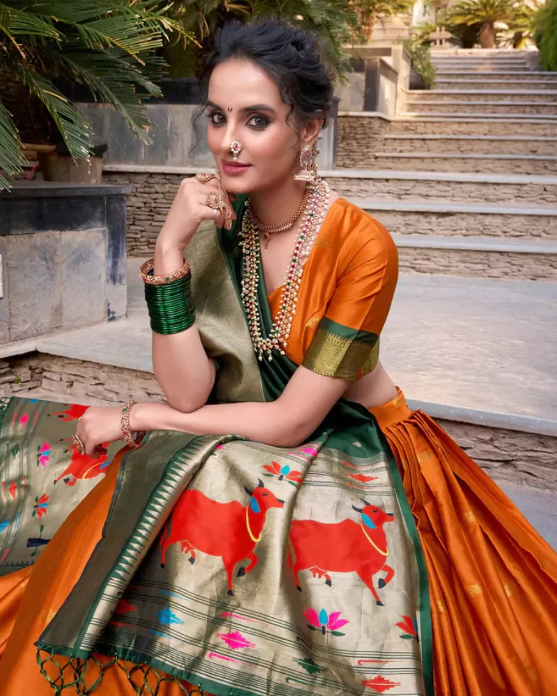 Orange Diwali Delicacy Paithani Silk Lehenga
