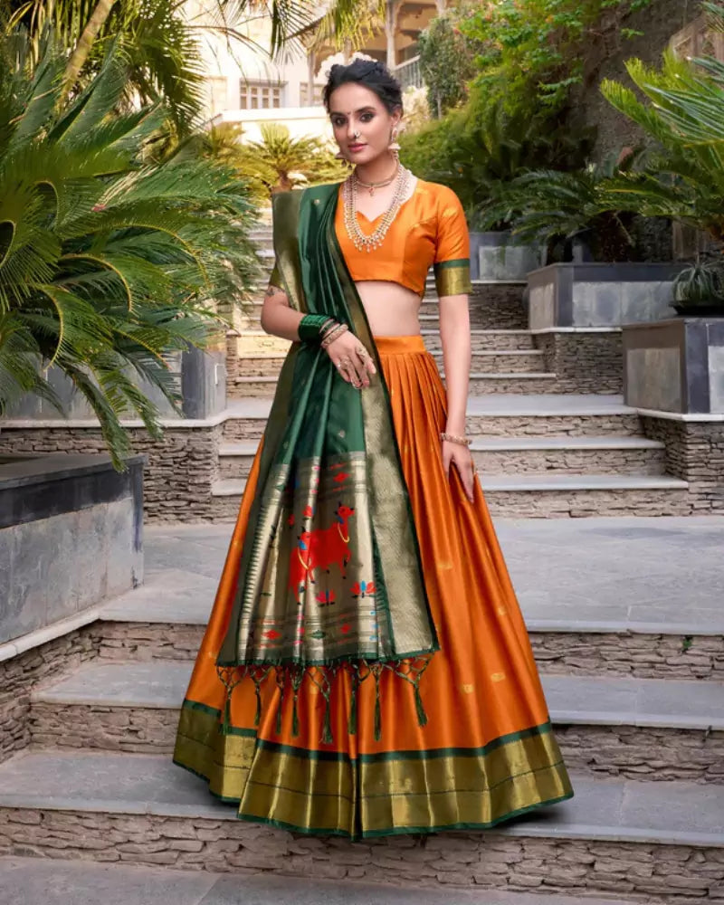 Orange Diwali Delicacy Paithani Silk Lehenga