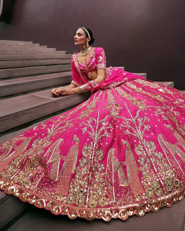 Magenta Pink Bridal Silk Lehenga with Heavy Zari Embroidery, Stone Work, and Royal Motif Design
