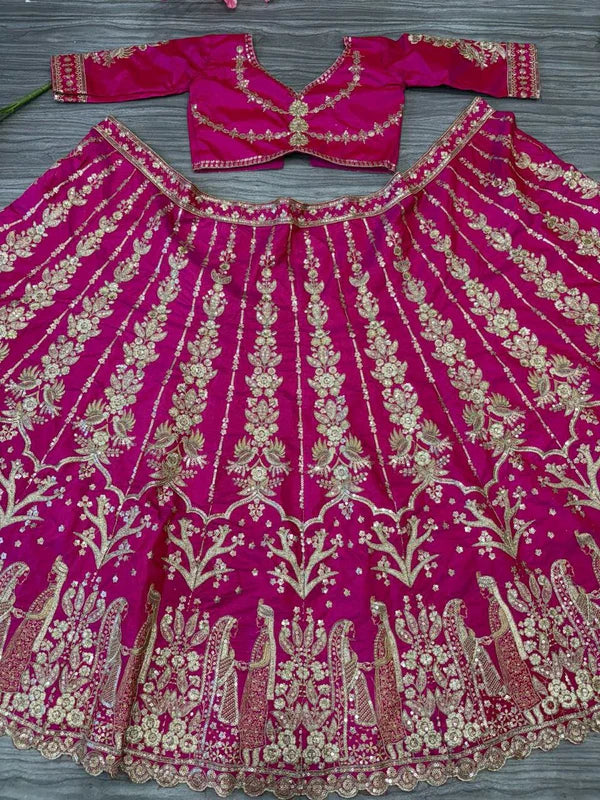 Magenta Pink Bridal Silk Lehenga with Heavy Zari Embroidery, Stone Work, and Royal Motif Design