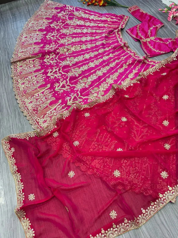 Magenta Pink Bridal Silk Lehenga with Heavy Zari Embroidery, Stone Work, and Royal Motif Design