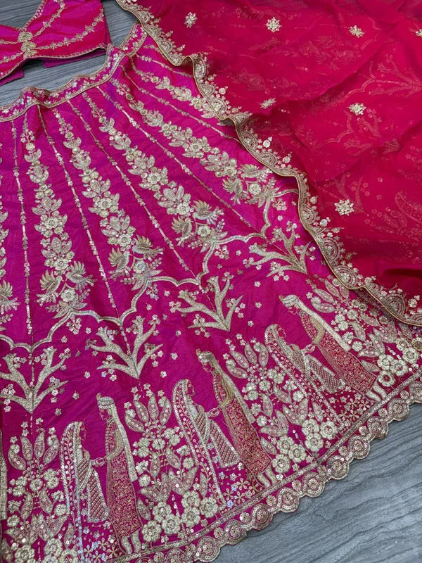 Magenta Pink Bridal Silk Lehenga with Heavy Zari Embroidery, Stone Work, and Royal Motif Design