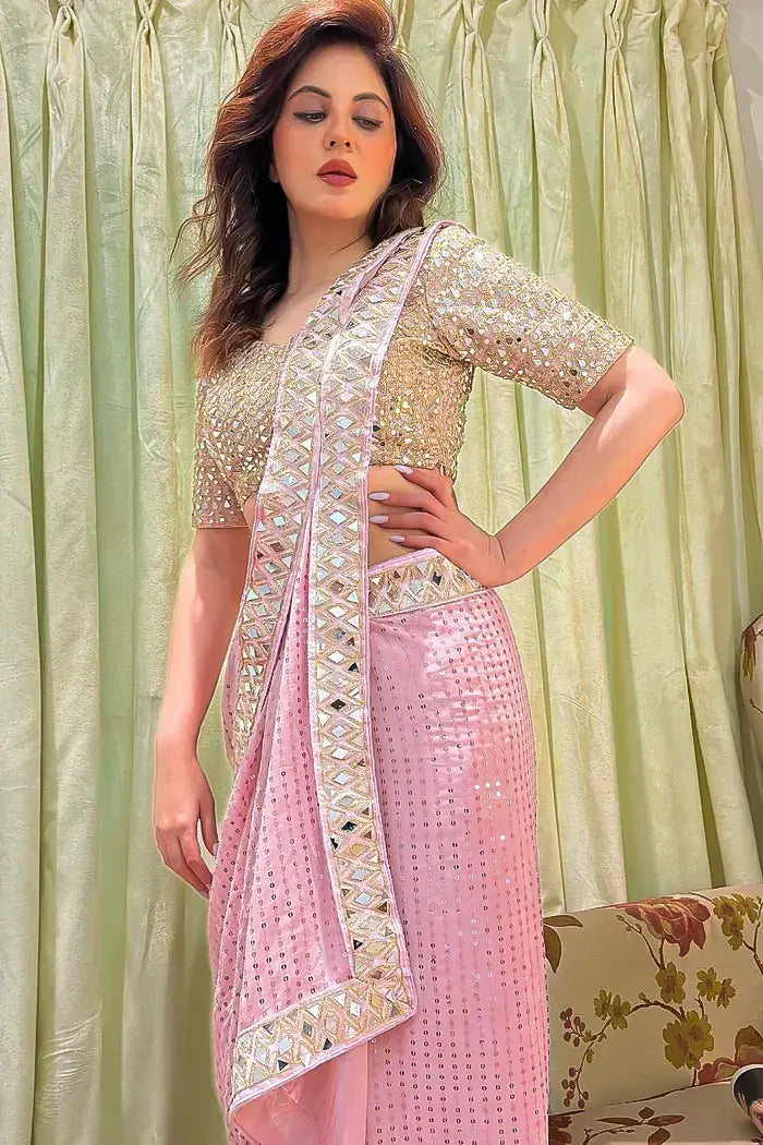 Pink Sequin Georgette Saree with Mirror Embroidery Work and Matching Mirror Sequin Blouse