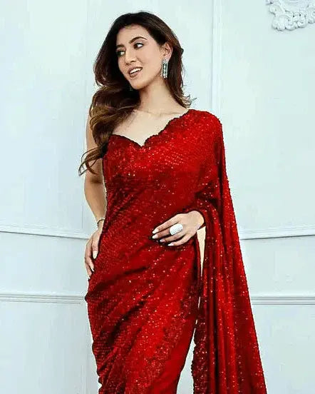 Red All-Over Sequin Saree with Feather-Like Thread Pallu Heavy Self Embroidery Border - Label Nonita