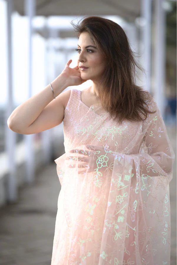 Peach Net Saree and Floral Sequin Embroidery Work with Matching Blouse