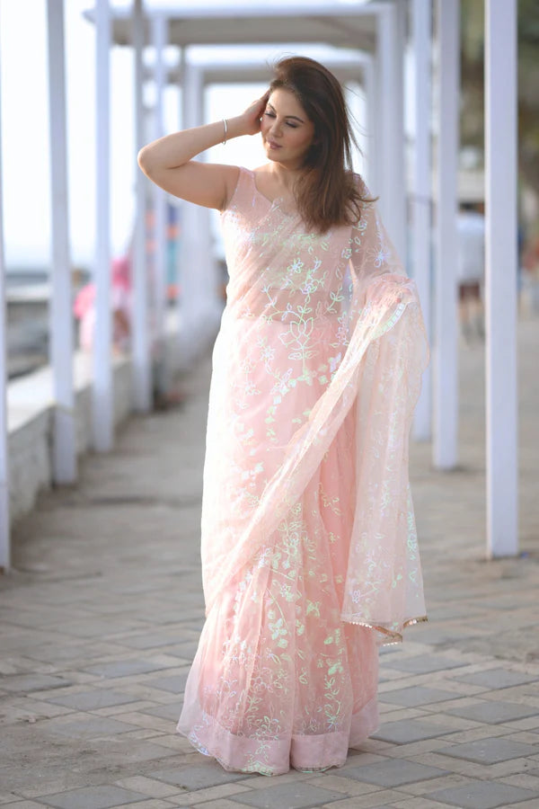 Peach Net Saree and Floral Sequin Embroidery Work with Matching Blouse