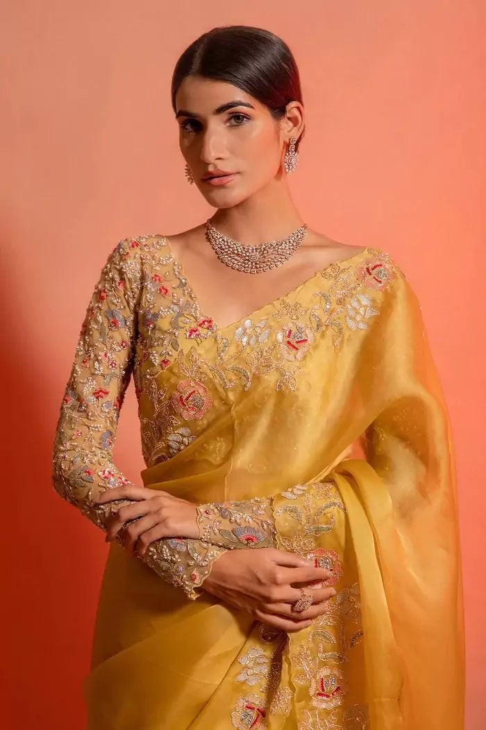 Yellow Organza Silk Saree with Intricate Thread & Bead Embroidery and Full Sleeve Floral Blouse