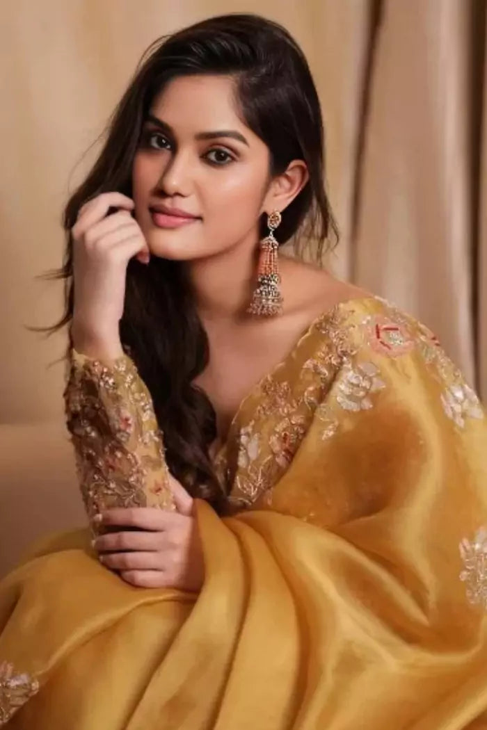 Yellow Organza Silk Saree with Intricate Thread & Bead Embroidery and Full Sleeve Floral Blouse