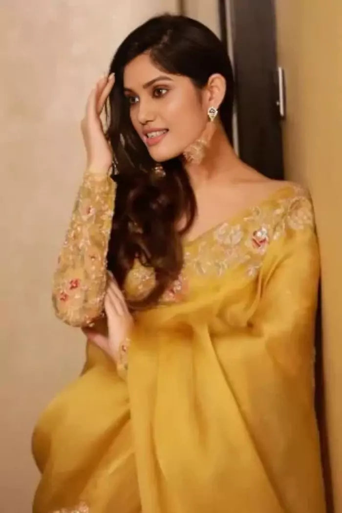 Yellow Organza Silk Saree with Intricate Thread & Bead Embroidery and Full Sleeve Floral Blouse