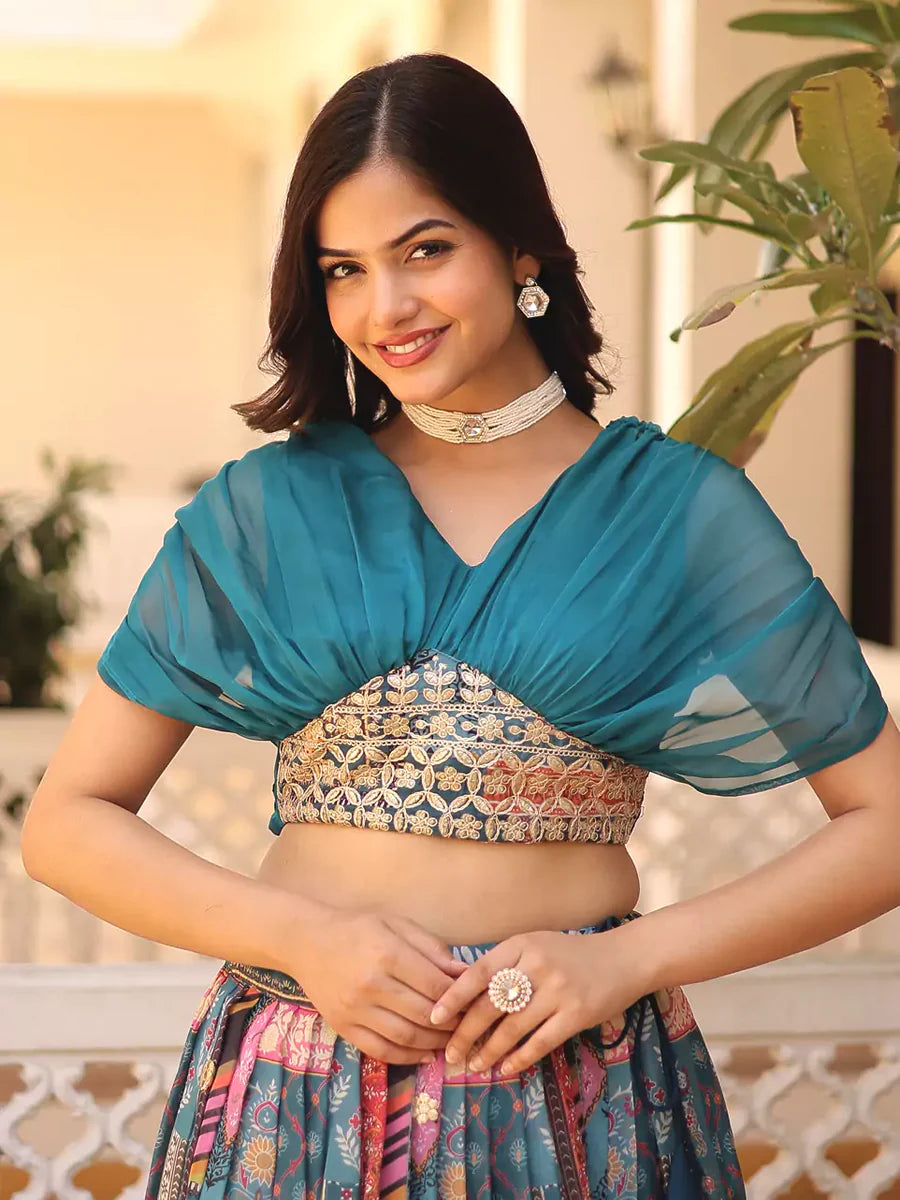 Blue Silk Lehenga Featuring Foil Embroidery and Digital Print Design