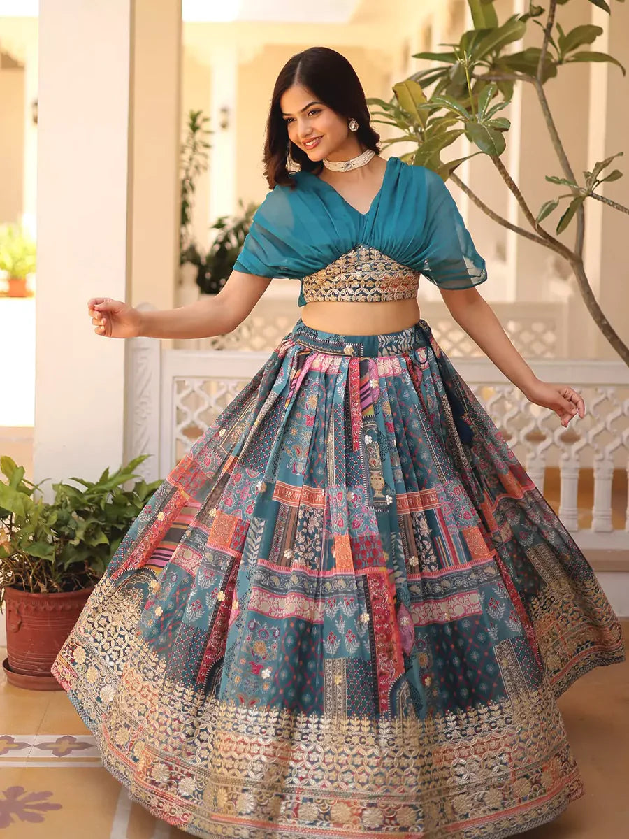 Blue Silk Lehenga Featuring Foil Embroidery and Digital Print Design