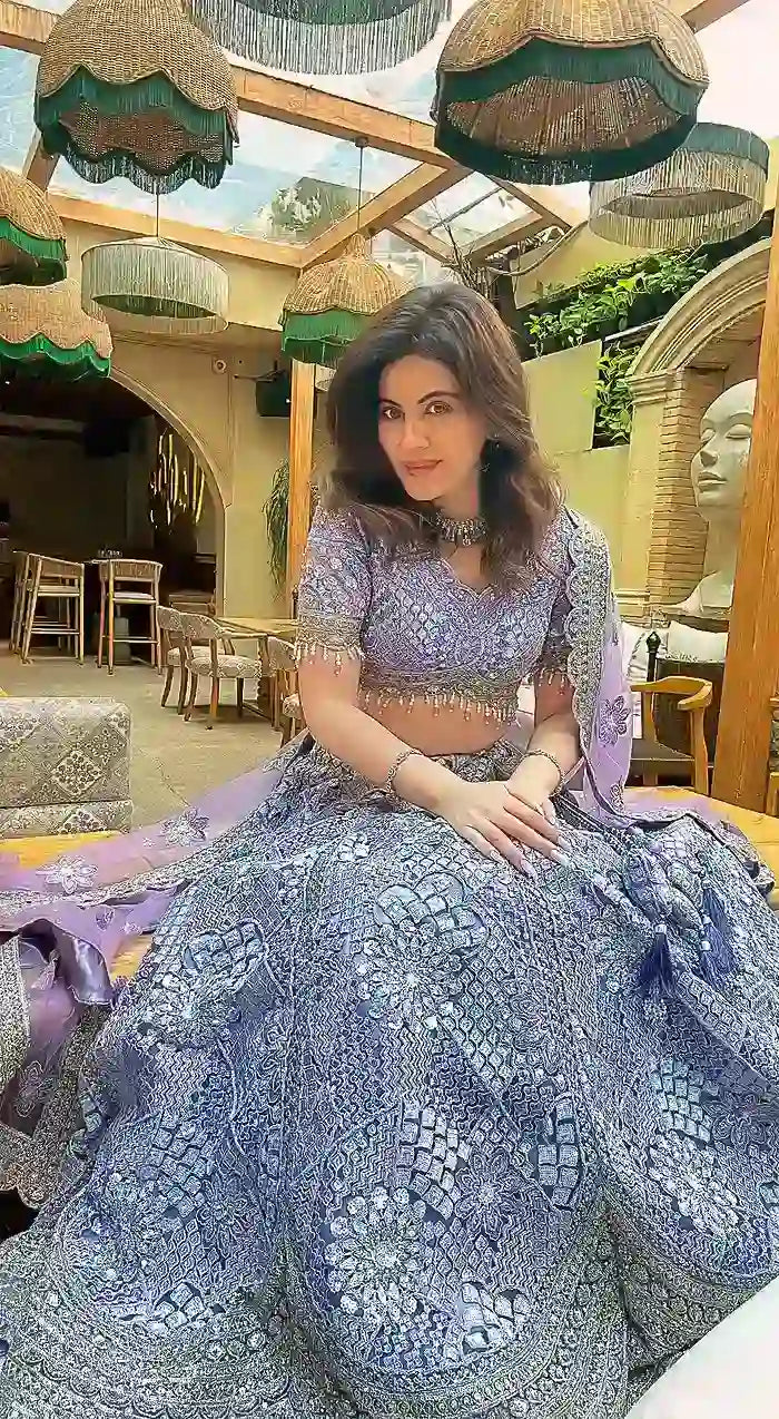 Lavender Silk Lehenga with Floral Embroidery Mirror Stonework and Gold Zari Border Work