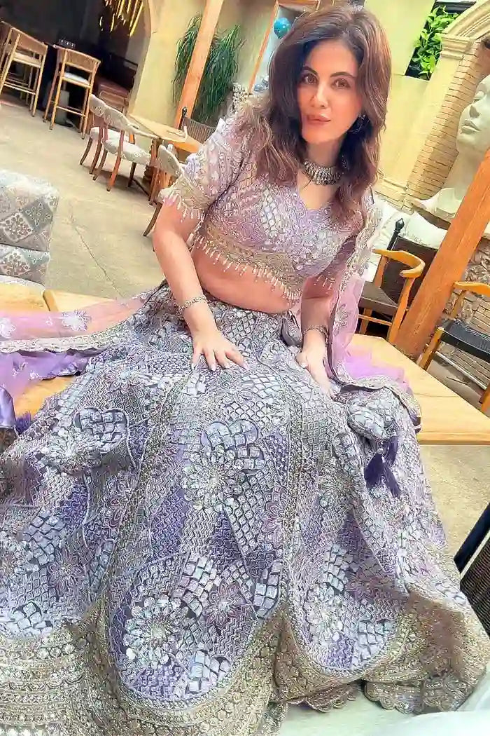Lavender Silk Lehenga with Floral Embroidery Mirror Stonework and Gold Zari Border Work