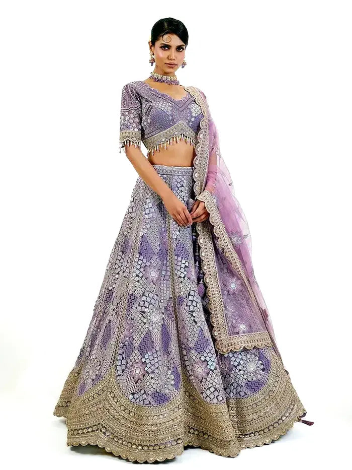 Lavender Silk Lehenga with Floral Embroidery Mirror Stonework and Gold Zari Border Work
