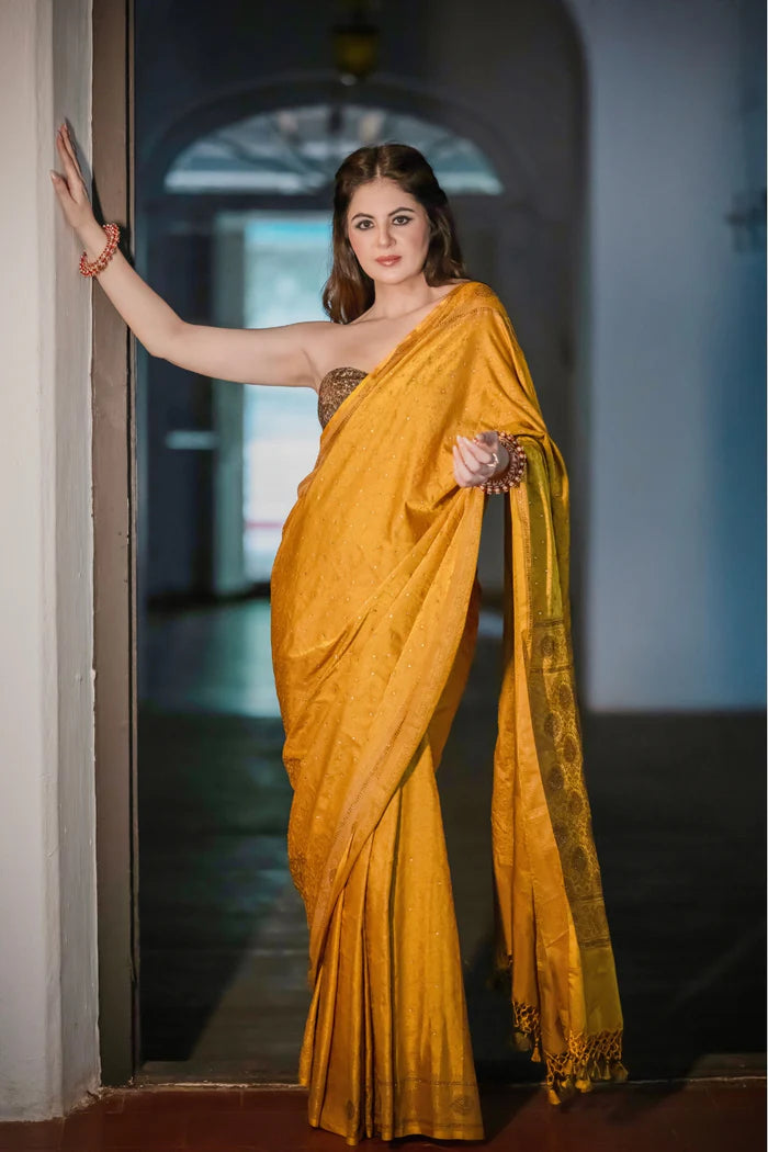 Mustard Yellow Banarasi Saree with Swarovski Stonework and Copper Blouse