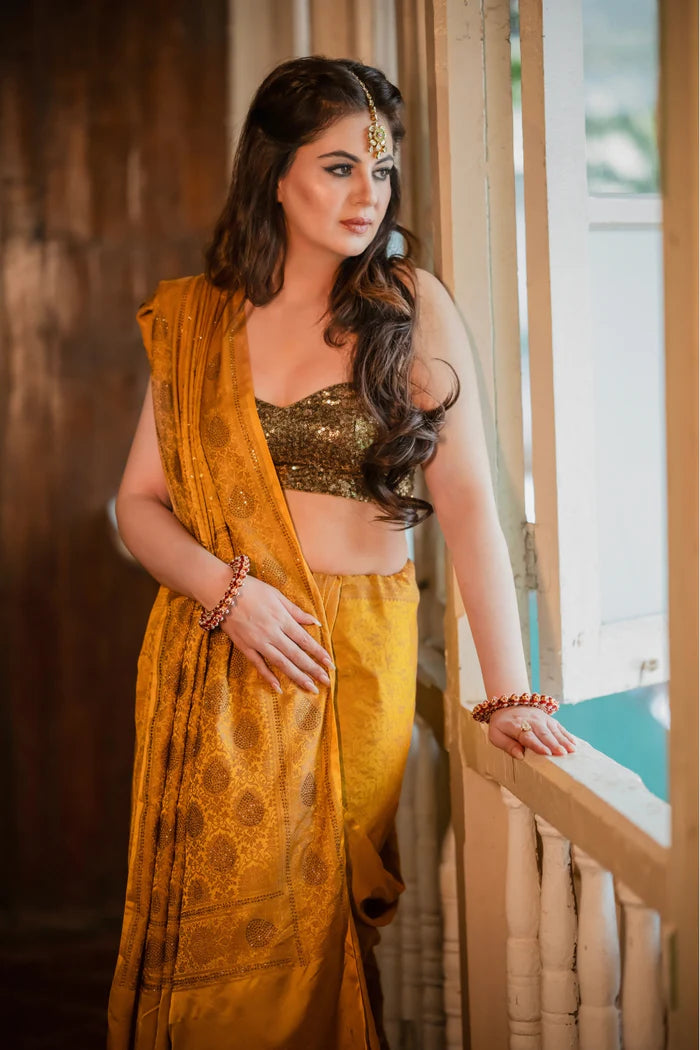 Mustard Yellow Banarasi Saree with Swarovski Stonework and Copper Blouse