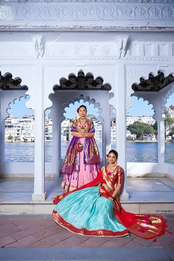 Blue Paithani Silk Lehenga with Red Lotus Design Dupatta