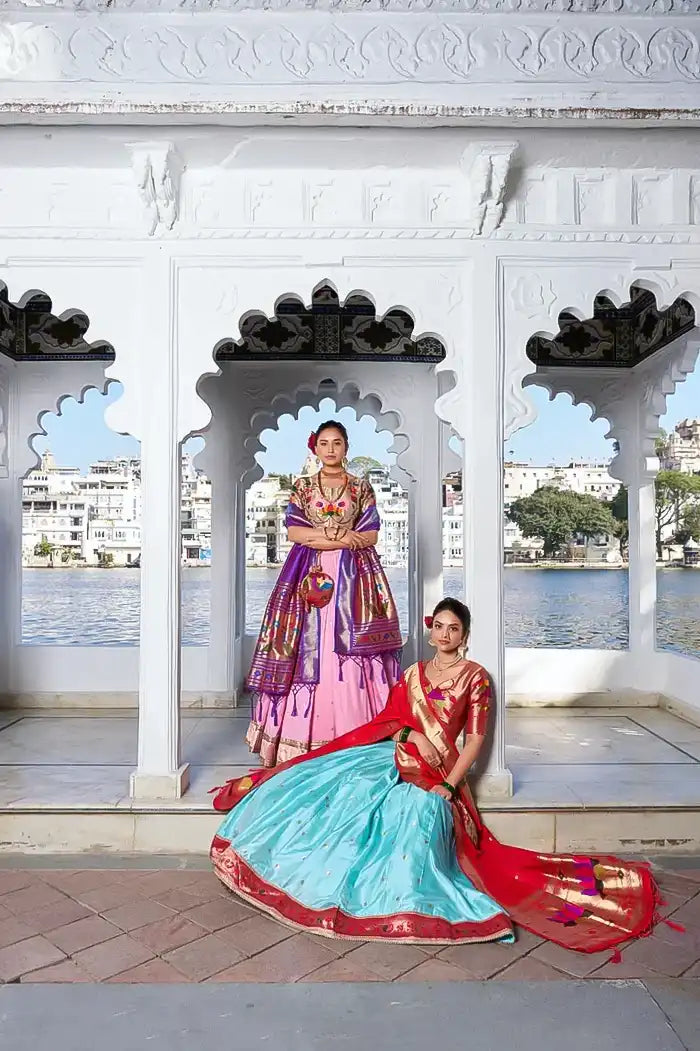 Pink Paithani Silk Lehenga with Purple Lotus Design Dupatta