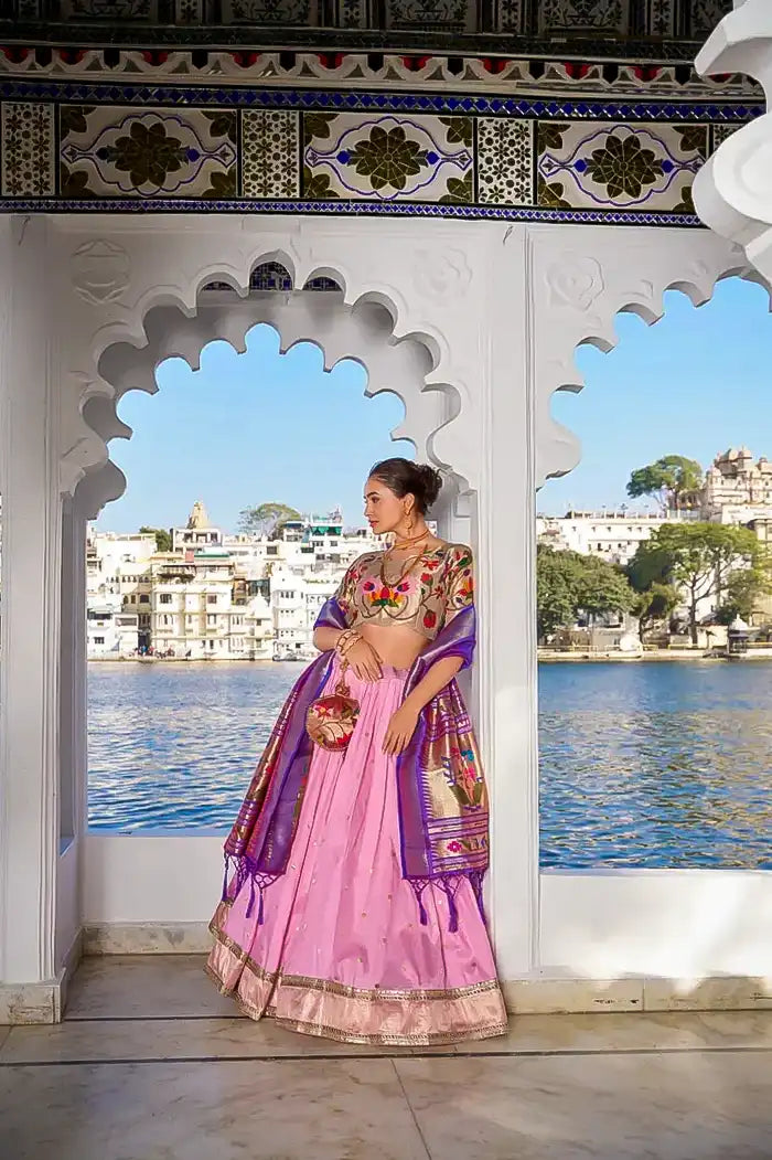 Pink Paithani Silk Lehenga with Purple Lotus Design Dupatta