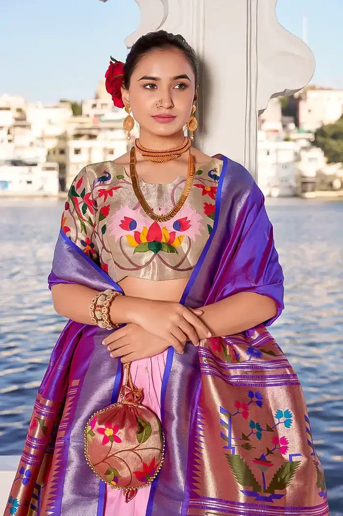 Pink Paithani Silk Lehenga with Purple Lotus Design Dupatta